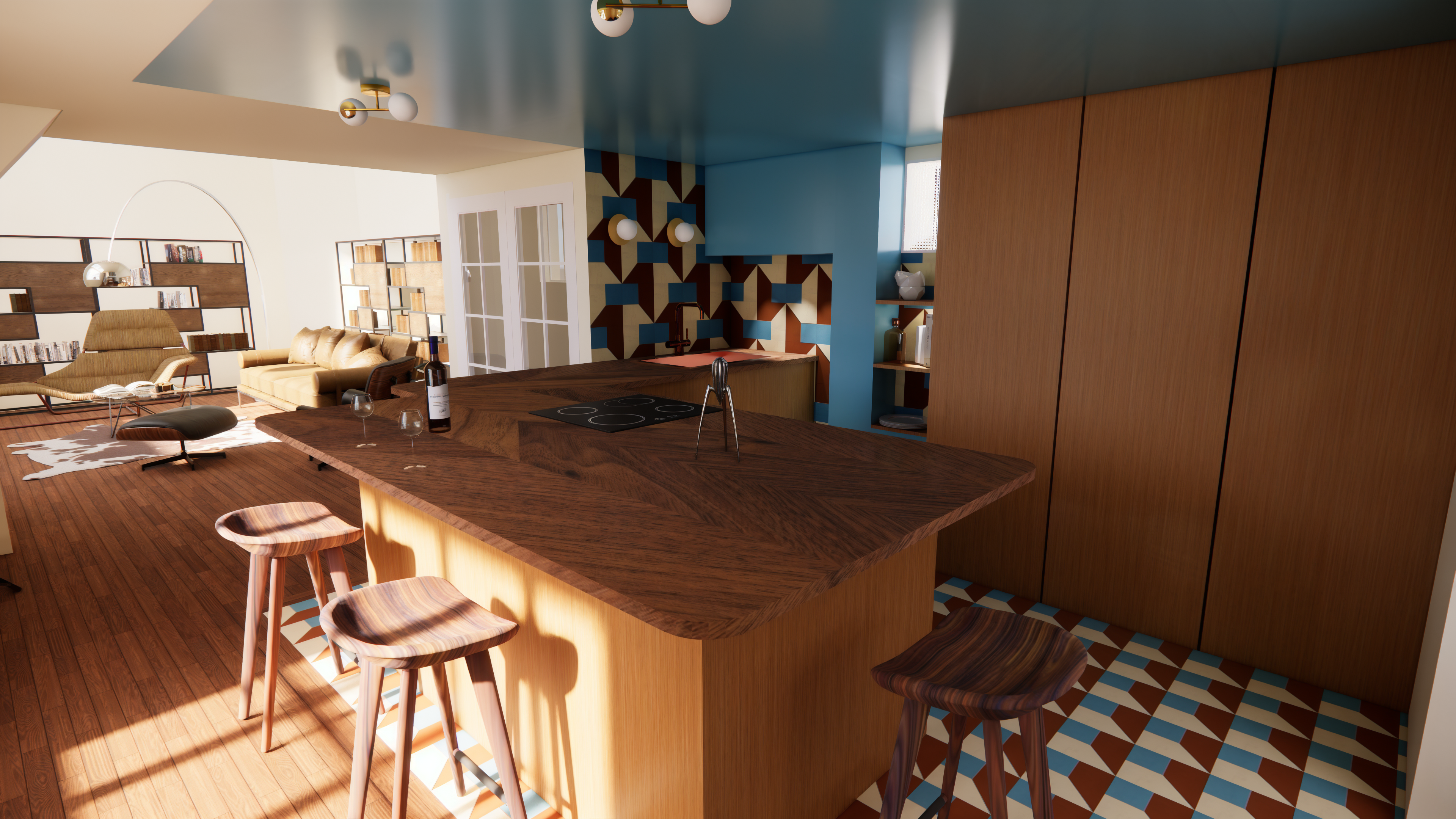 Réaménagement duplex Paris 9e — rendu 3D cuisine îlot