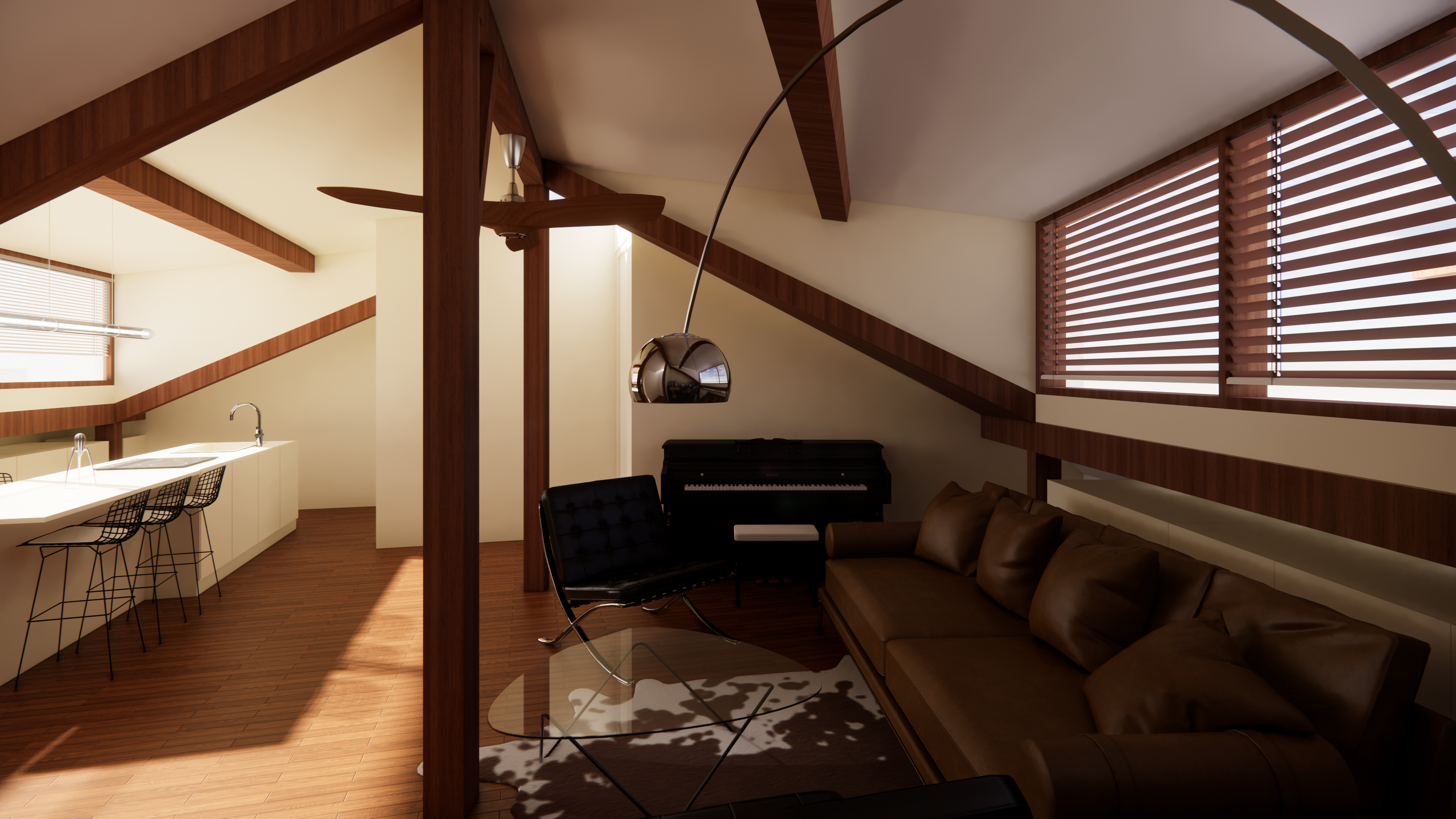 Réaménagement appartement sous combles Paris 14e — rendu 3D salon
