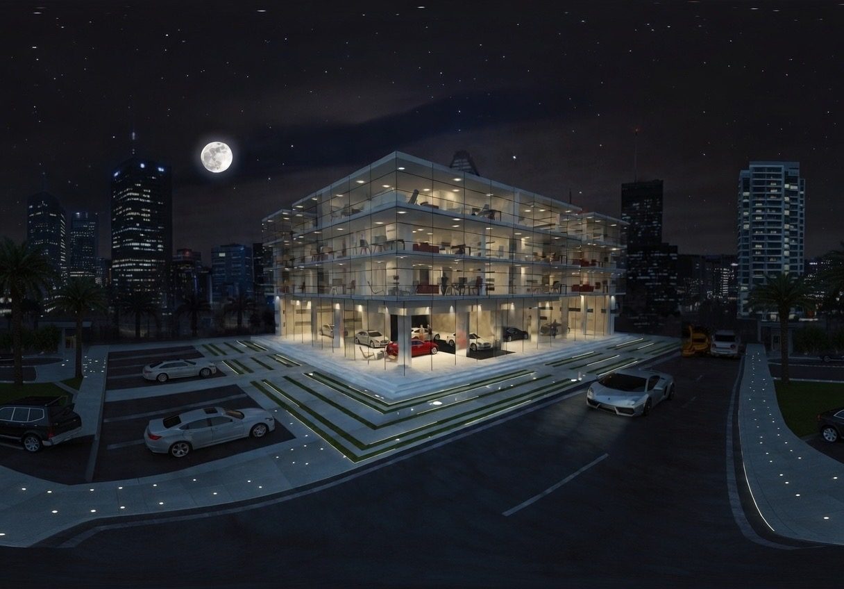 Showroom Mazda Les Berges du Lac 2 — rendu 3D nocturne